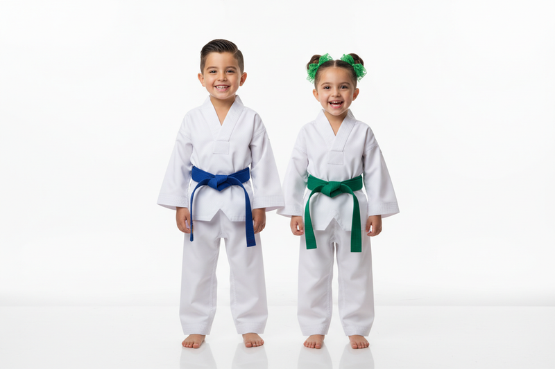 Two smiling children in white taekwondo uniforms standing side by side - a boy with a blue belt and a girl with a green belt and pigtail buns
