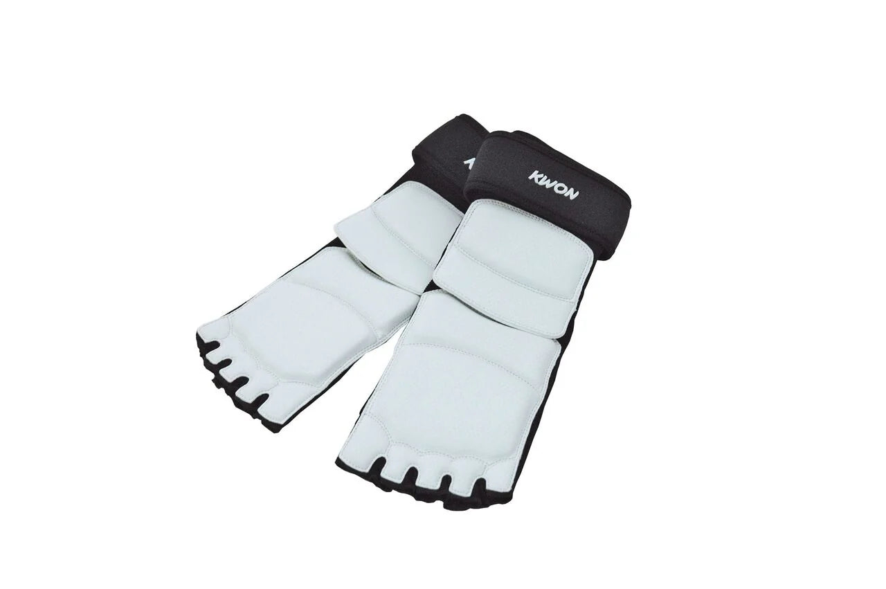 Pair of white martial arts gloves with black Kwon logo on a white background