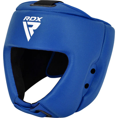 Blue boxing headgear with RDX logo on a white background