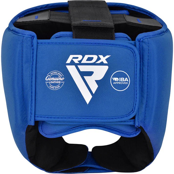 Blue RDX headgear with visible branding on a white background