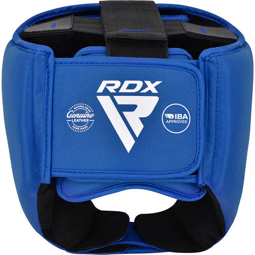 Blue RDX headgear with visible branding on a white background