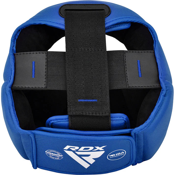 Blue RDX headgear with black strap on a white background