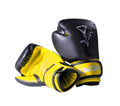 Black and yellow boxing gloves with a visible brand logo on a white background