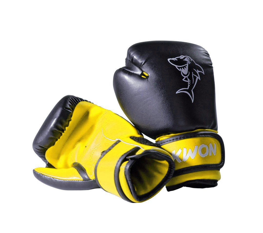 Black and yellow boxing gloves with a visible brand logo on a white background