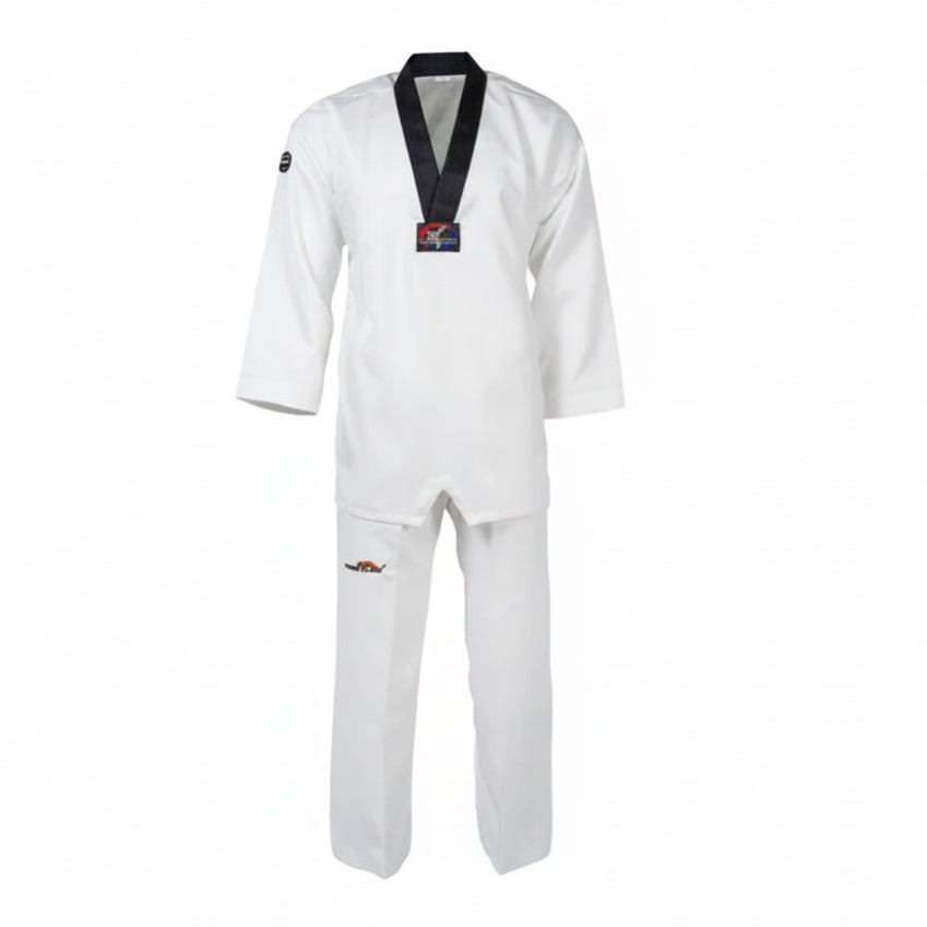 White martial arts uniform with black accents on a white background
