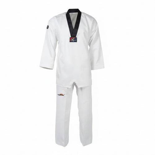 White martial arts uniform with black accents on a white background