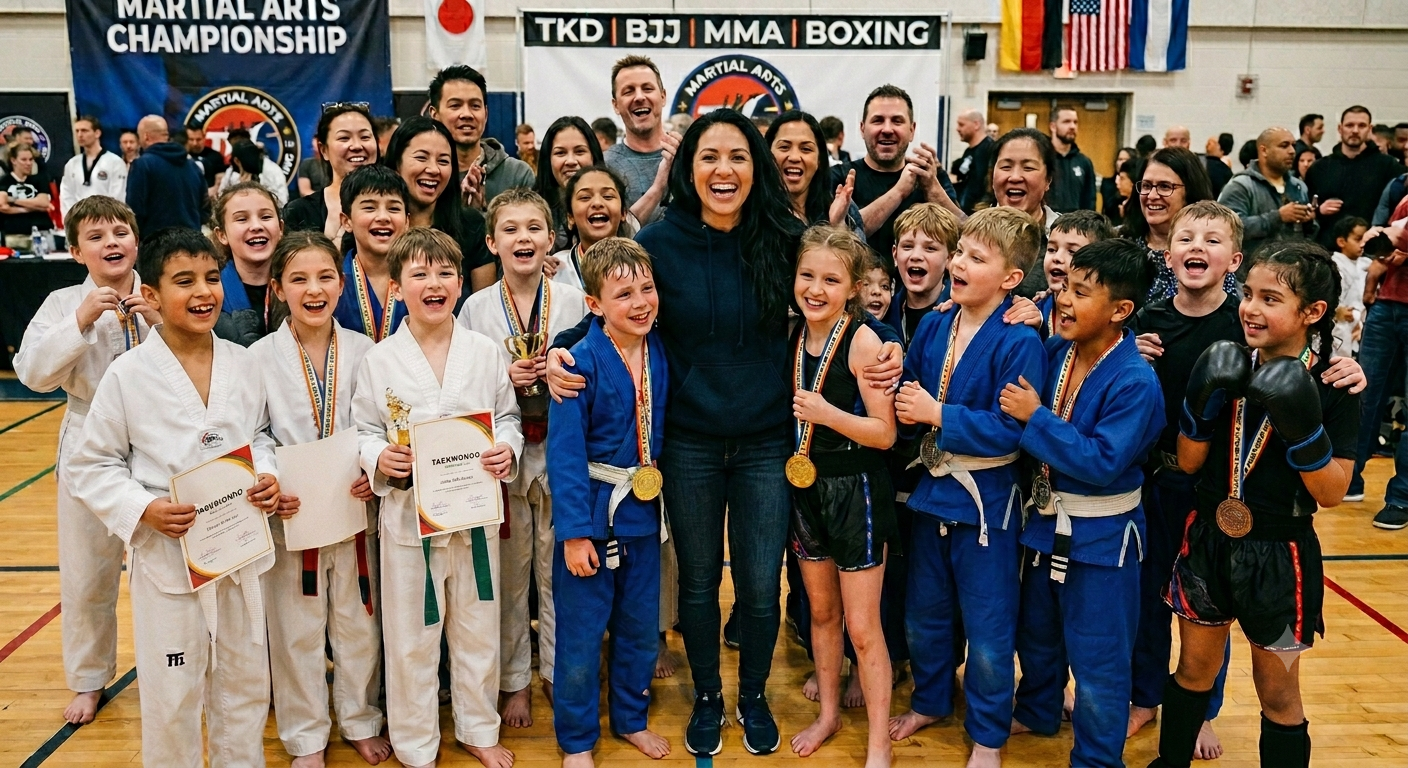 Group of children in martial arts uniforms with medals and certificates, posing for a photo with an instructor in a gymnasium.