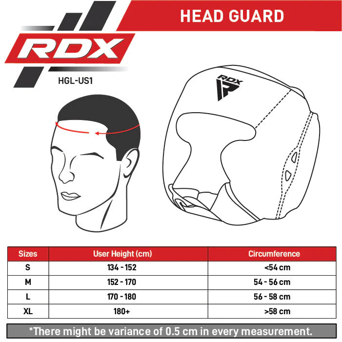 RDX head guard with size chart on a white background