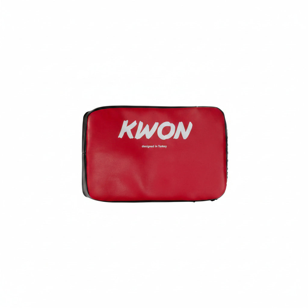 Red martial arts training pad with 'Kwon' branding on a white background