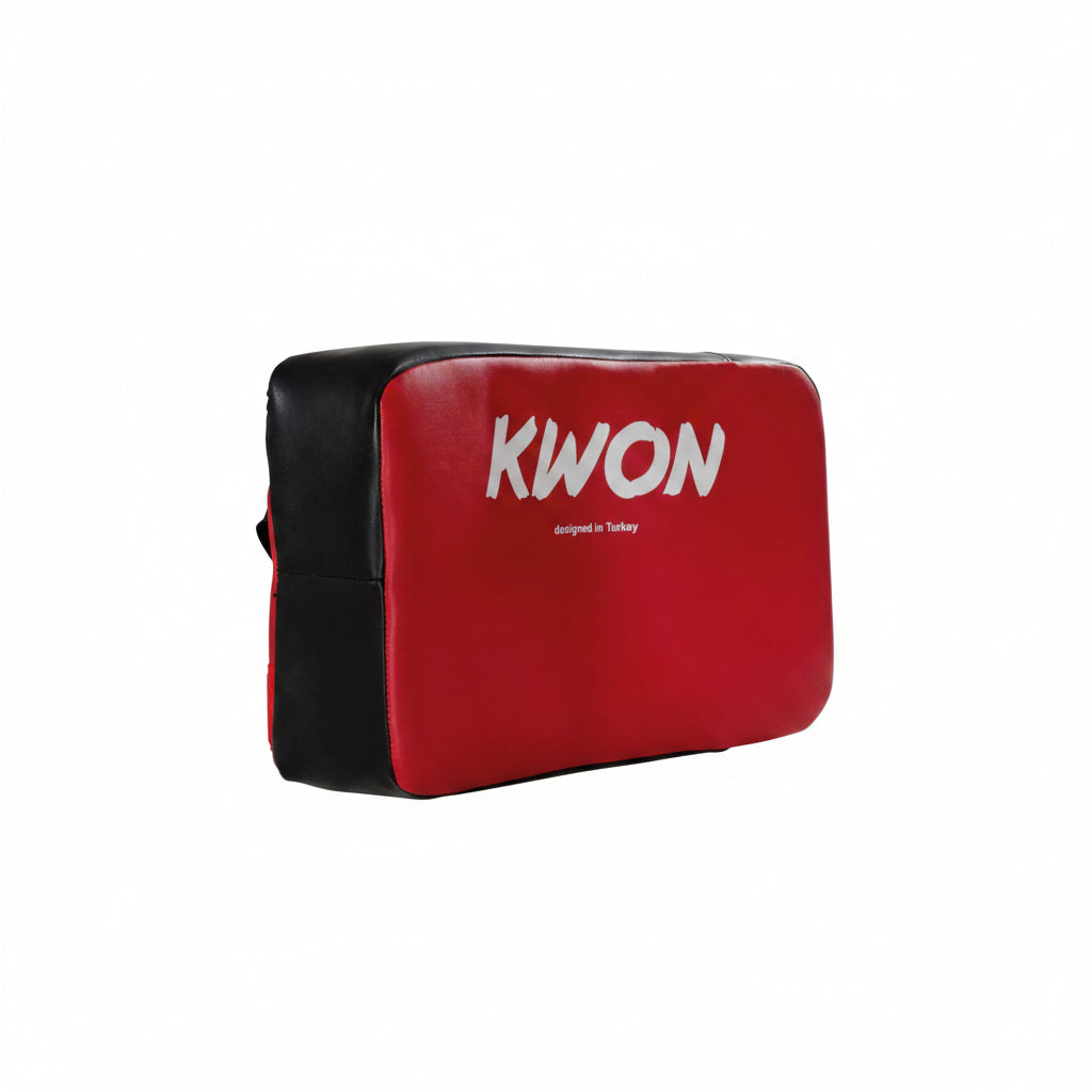 Red and black martial arts training pad with 'KWON' branding on a white background