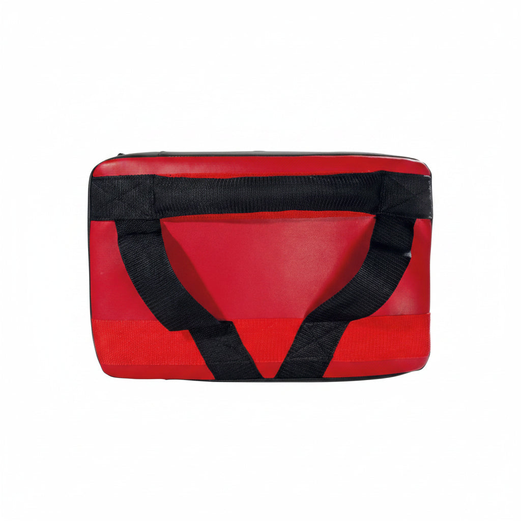Red bag with a black strap on a white background