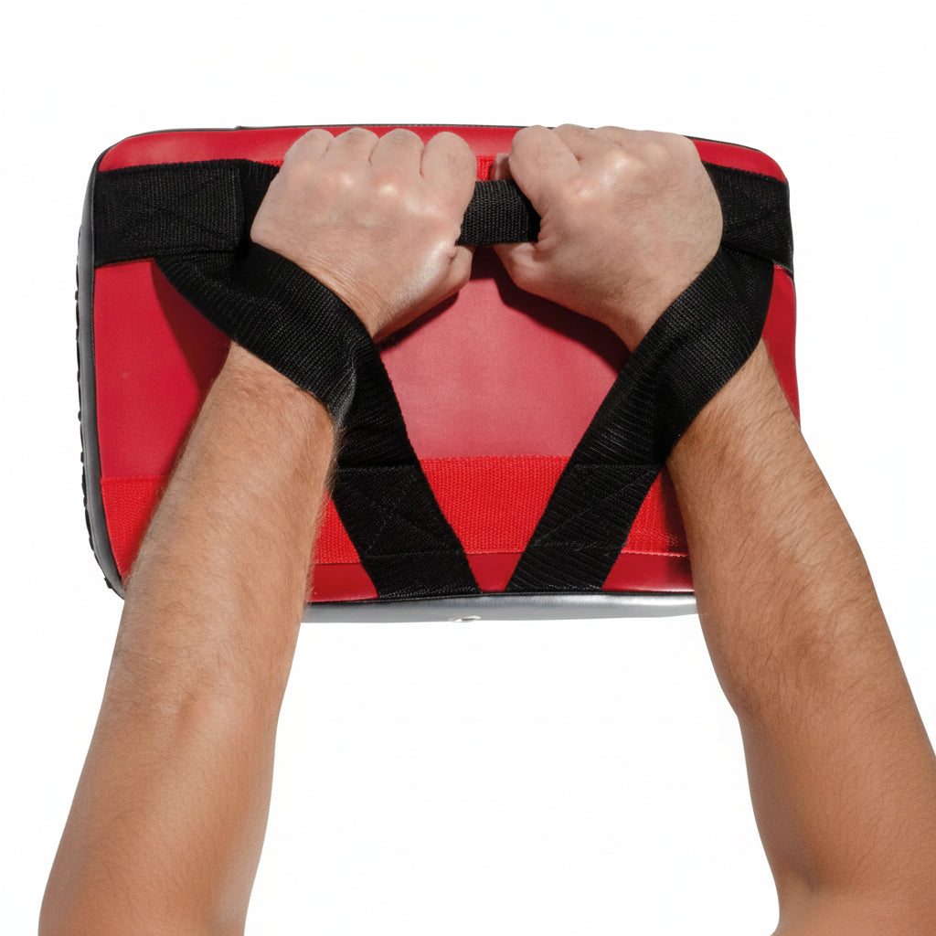 Red exercise pad with black straps being used for hand grip strength training.