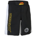 Black shorts with yellow and white accents featuring MMA and Tiger Claw branding on a white background.