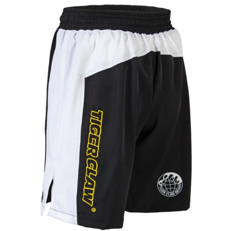 Black and white shorts with 'Tiger Claw' branding on a white background