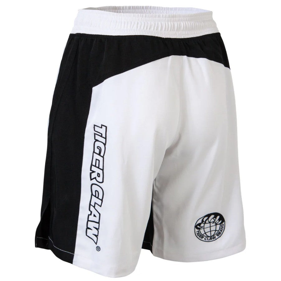 Black and white shorts with 'Tiger Claw' branding on a white background