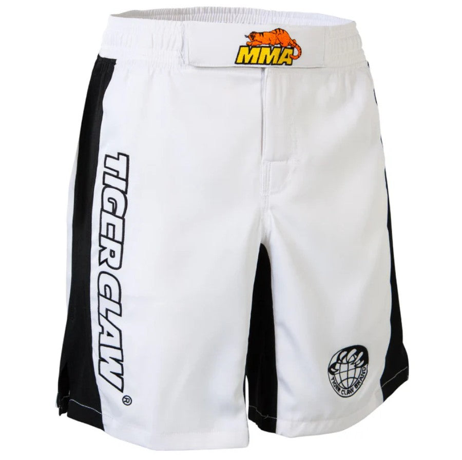 White MMA shorts with black accents and logos on a white background