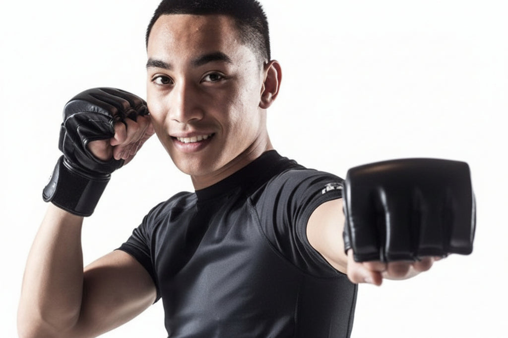 Person wearing black MMA gloves and black athletic wear on a white background