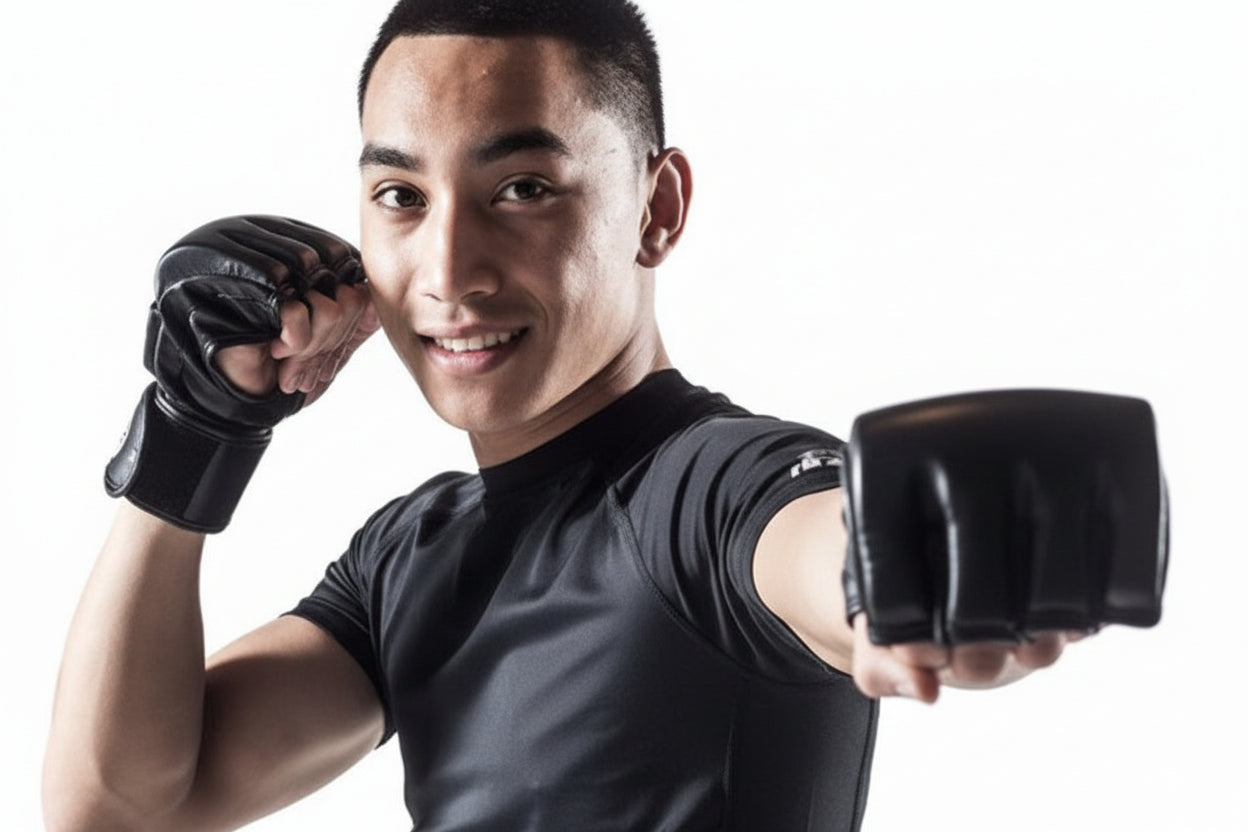 Person wearing black MMA gloves and black athletic wear on a white background
