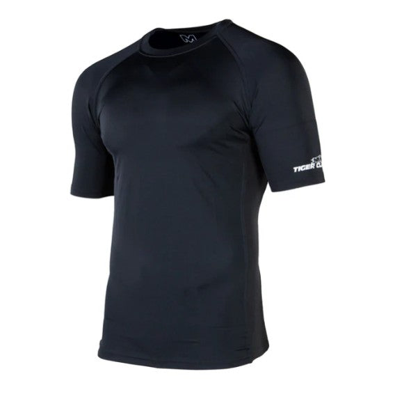 Black athletic shirt with brand logo on a white background