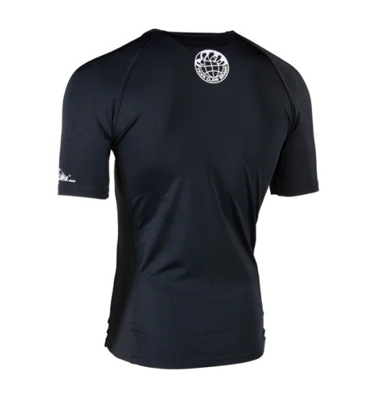 Black athletic shirt with a logo on the chest and sleeve, on a white background