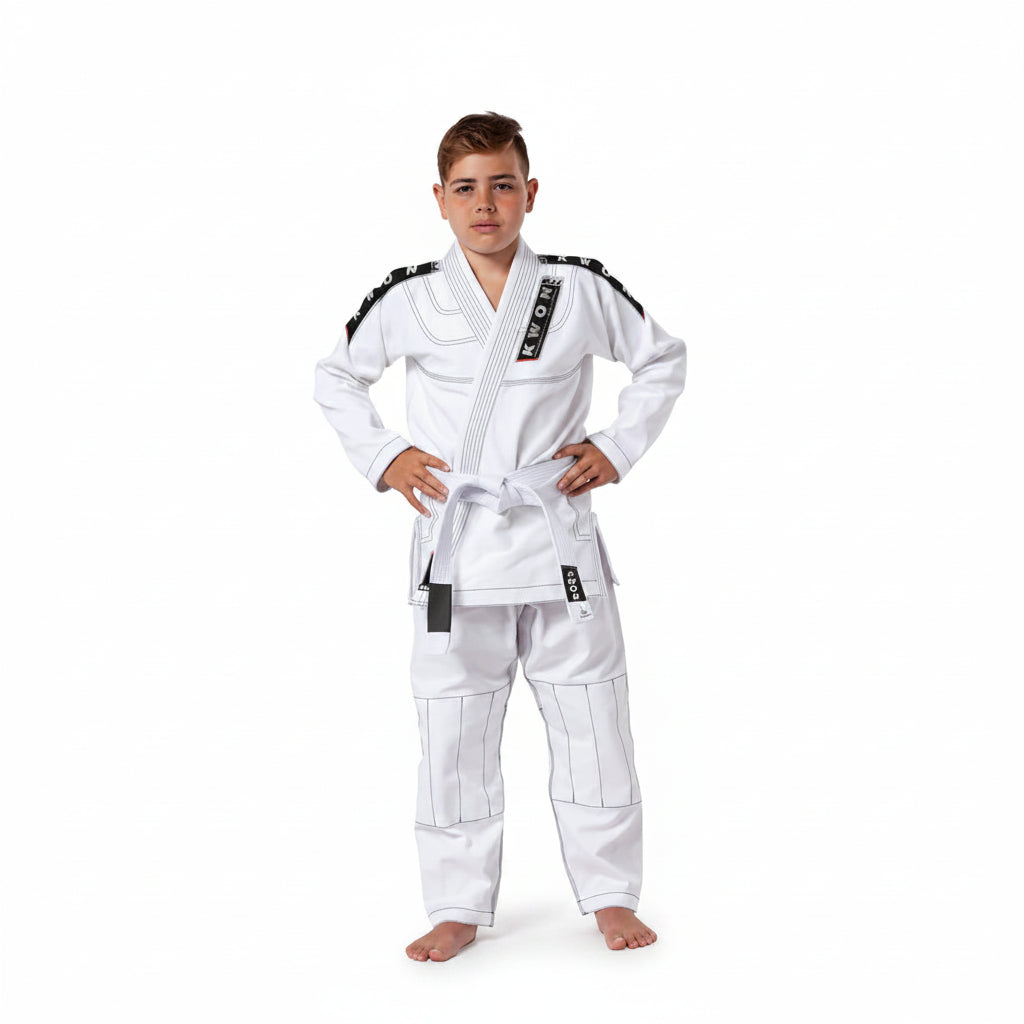 Person wearing a white martial arts uniform with black belts on a white background