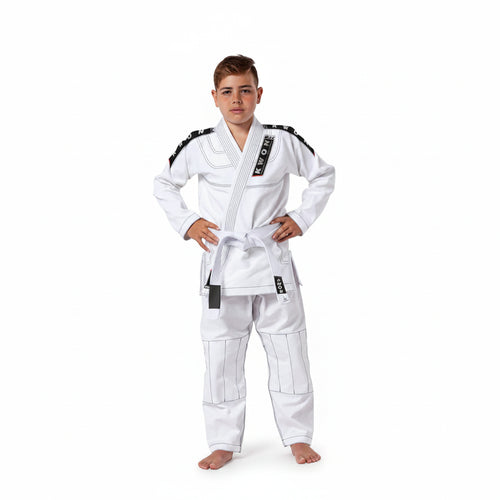 Person wearing a white martial arts uniform with black belts on a white background