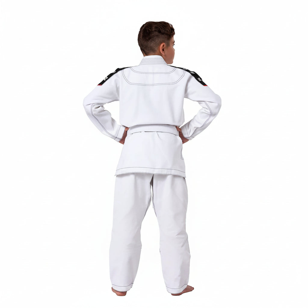 Person wearing a white martial arts uniform on a white background