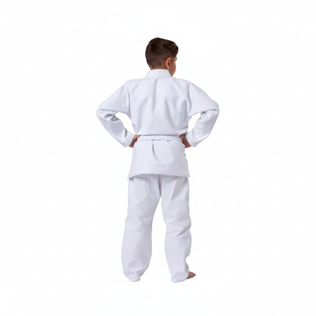 Person wearing a white martial arts uniform on a white background