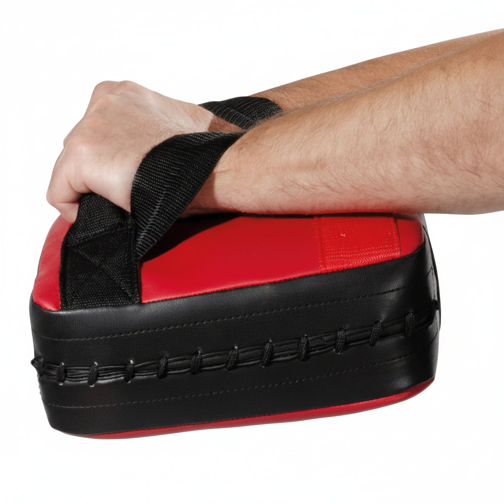 Person holding a red and black sandbag with a strap on a white background
